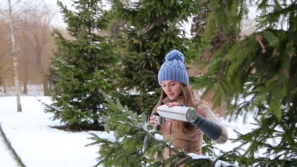 Bella ragazza che beve da un thermos vicino agli alberi — Video Stock