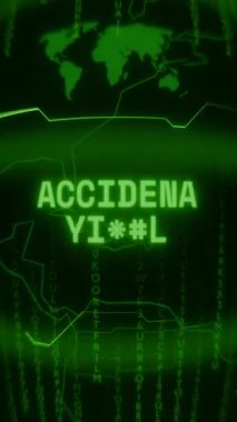 Eski yeşil dikey Retro CRT ekranı rastgele hata ve Haking biçiminde görünen metin ACCIDENT AHEAD 'i gösterir