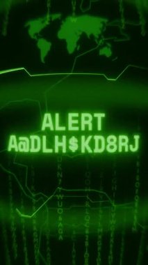 Eski yeşil dikey Retro CRT ekranı ALERT AUTHORITİES metnini rastgele hata ve Haking biçiminde gösterir