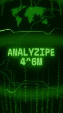 Eski yeşil dikey Retro CRT ekranı rastgele hata ve Haking biçiminde görünen metin ANALYZING DATA 'yı gösterir