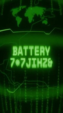 Eski yeşil Dikey Retro CRT ekranı BATTERY CRITICAL metnini gösteriyor Rastgele hata ve Haking biçimi