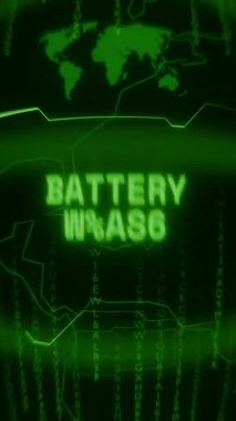 Eski yeşil dikey Retro CRT ekranı BATTERY ERROR metnini gösteriyor Rastgele hata ve Haking biçimi