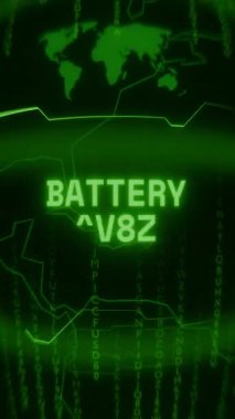 Eski yeşil dikey Retro CRT ekranı, rasgele hata ve Haking tarzında görünen BATTERY bütünüyle metni gösterir