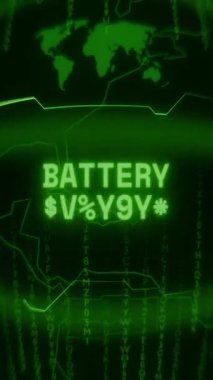 Eski yeşil Dikey Retro CRT ekranı, Rastgele hata ve Haking tarzında görünen metni BATTERY UYARI göstermektedir