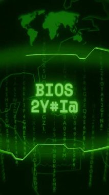 Eski yeşil dikey Retro CRT ekranı BIOS Başlatma metnini rastgele hata ve Haking biçiminde gösterir