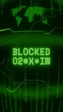 Eski yeşil dikey Retro CRT ekranı rastgele hata ve Haking biçimi içinde görünen metin BLOCKED ATTEMPT 'i gösterir