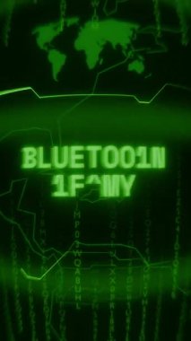 Eski yeşil dikey Retro CRT ekranı BLUETOOTH ERROR metnini rastgele hata ve Haking biçiminde gösterir