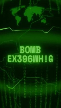 Eski yeşil dikey Retro CRT ekranı BOMB ExPLOSION metnini rastgele hata ve Haking biçiminde gösterir