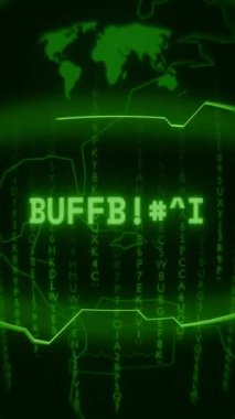 Eski yeşil Dikey Retro CRT ekranı rastgele hata ve Haking biçimi içinde görünen metin tamponlarını gösterir