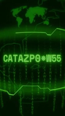 Eski yeşil dikey Retro CRT ekranı CATASTROPHE metnini rastgele hata ve Haking biçiminde gösterir