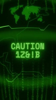 Eski yeşil Dikey Retro CRT ekranı CAUTION 132KV metnini rastgele hata ve Haking biçiminde gösterir