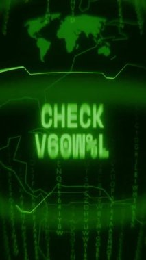 Eski yeşil dikey Retro CRT ekranı rastgele hata ve Haking biçimi içinde görünen CHECK VITALS metnini gösterir