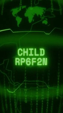 Eski yeşil dikey Retro CRT ekranı rastgele arıza ve Haking biçimi içinde görünen metin ÇOCUK sağlarını gösterir