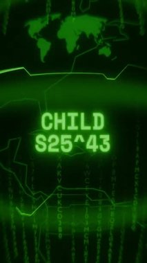 Eski yeşil dikey Retro CRT ekranı, rastgele arıza ve Haking biçimi ile ortaya çıkan CHILD Güvenlik metnini gösteriyor
