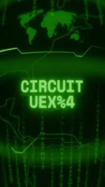 Eski yeşil dikey Retro CRT ekranı CIRCUIT ALERT metnini rastgele hata ve Haking biçiminde gösterir