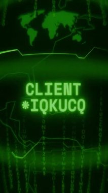 Eski yeşil dikey Retro CRT ekranı, metni gösteren CLIENT Bağlantı Rastgele hata ve Haking biçimi