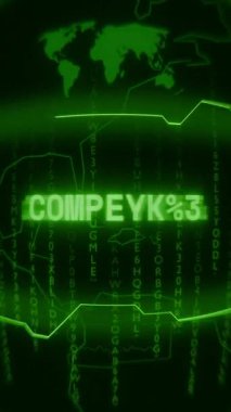 Eski yeşil Dikey Retro CRT ekranı rastgele hata ve Haking biçiminde görünen metinleri gösterir