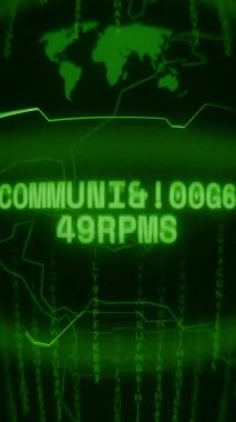 Eski yeşil Dikey Retro CRT ekranı, rastgele hata ve Haking biçiminde görünen metin COMUNICATION ONLINE 'ı gösterir