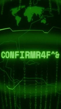 Eski yeşil Dikey Retro CRT ekranı rastgele hata ve Haking biçiminde görünen metin CONFIRMATION 'unu gösterir