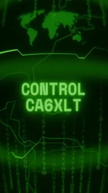 Eski yeşil dikey Retro CRT ekran rastgele arıza ve Haking biçimi içinde görünen metin CONTROL ONLINE 'ı gösterir