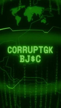 Eski yeşil dikey Retro CRT ekranı CORRUPTED DATA metnini rastgele hata ve Haking biçiminde gösterir