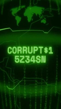 Eski yeşil dikey Retro CRT ekranı CORRUPTED belleğini gösteriyor Rastgele arıza ve Haking biçimi