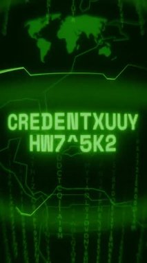 Eski yeşil dikey Retro CRT ekranı CREDENTIALS INVALID metnini rastgele hata ve Haking biçiminde gösterir