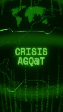 Eski yeşil Dikey Retro CRT ekranı CRISIS ALERT metnini rastgele hata ve Haking biçiminde gösterir