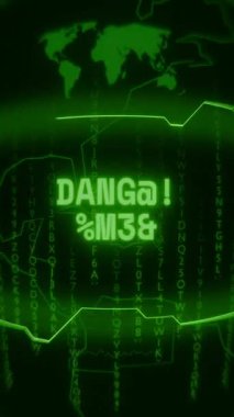 Eski yeşil dikey Retro CRT ekranı DANGER 11KV metnini rastgele hata ve Haking biçiminde gösterir