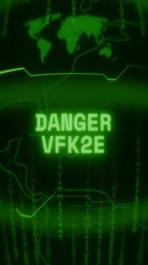 Eski yeşil dikey Retro CRT ekranı DANGER 220KV metnini rastgele arıza ve Haking biçiminde gösterir