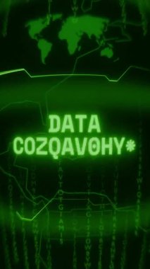 Eski yeşil dikey Retro CRT ekranı DATA COMPROMISE metnini rastgele hata ve Haking biçiminde gösterir