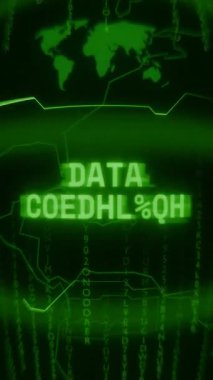 Eski yeşil dikey Retro CRT ekranı DATA CORRUPTED metnini rastgele hata ve Haking tarzında gösterir