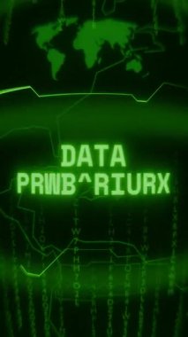 Eski yeşil dikey Retro CRT ekranı DATA PROCESSING metnini rastgele hata ve Haking biçiminde gösterir