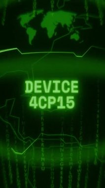 Eski yeşil Dikey Retro CRT ekranı DEVICE ALERT metnini rastgele hata ve Haking biçiminde gösterir