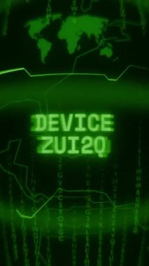 Eski yeşil dikey Retro CRT ekranı DEVICE check-up metnini rastgele hata ve Haking biçiminde gösterir