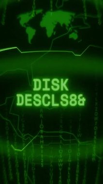 Eski yeşil Dikey Retro CRT ekranı, rastgele hata ve Haking biçiminde görünen DISK DETECTED metnini gösterir