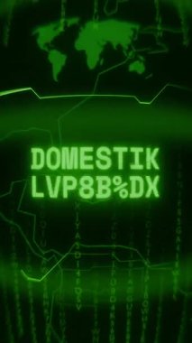 Eski yeşil dikey Retro CRT ekranı DOMESTIC VİYAZİK metnini rastgele hata ve Haking biçiminde gösterir