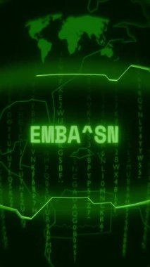 Eski yeşil Dikey Retro CRT ekranı EMBASSY metnini rastgele hata ve Haking biçiminde gösterir