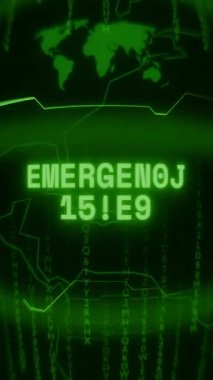 Eski yeşil dikey Retro CRT ekranı rasgele arıza ve Haking biçiminde görünen metin EMERGENCY ALERT 'i gösterir