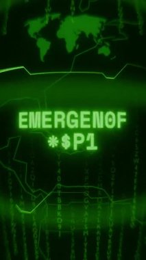 Eski yeşil dikey Retro CRT ekranı rastgele hata ve Haking biçimi içinde görünen EMERGENCY kodunu gösterir