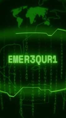 Eski yeşil Dikey Retro CRT ekranı, rasgele hata ve Haking biçiminde görünen EMERGENCY metnini gösterir