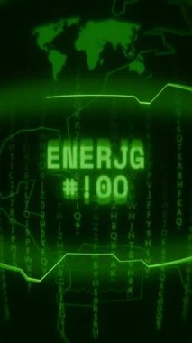 Eski yeşil dikey Retro CRT ekranı ENERGY CORE metnini rastgele hata ve Haking biçiminde gösterir