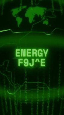 Eski yeşil dikey Retro CRT ekranı ENERGY LEVEL metnini rastgele hata ve Haking biçiminde gösterir