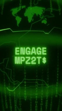 Eski yeşil dikey Retro CRT ekranı ENGAGE SİSTEM metnini rastgele hata ve Haking biçiminde gösterir