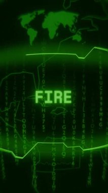 Eski yeşil Dikey Retro CRT ekranı rastgele hata ve Haking biçimi içinde görünen Ateş metnini gösterir