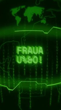 Eski yeşil dikey Retro CRT ekranı rastgele arıza ve Haking biçimi içinde görünen FRAUD ALERT metnini gösterir