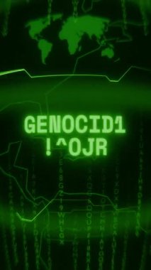 Eski yeşil dikey Retro CRT ekranı rastgele hata ve Haking biçimi içinde görünen GENOCIDE ALERT metnini gösterir