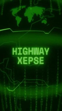 Eski yeşil dikey Retro CRT ekranı HIGHway ALERT metnini rastgele hata ve Haking biçiminde gösterir