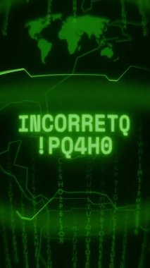 Eski yeşil dikey Retro CRT ekranı INCORRECT FILING metnini rastgele hata ve Haking biçiminde gösterir