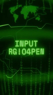 Eski yeşil dikey Retro CRT ekranı INPUT RECEIVED metnini rastgele hata ve Haking biçiminde gösterir